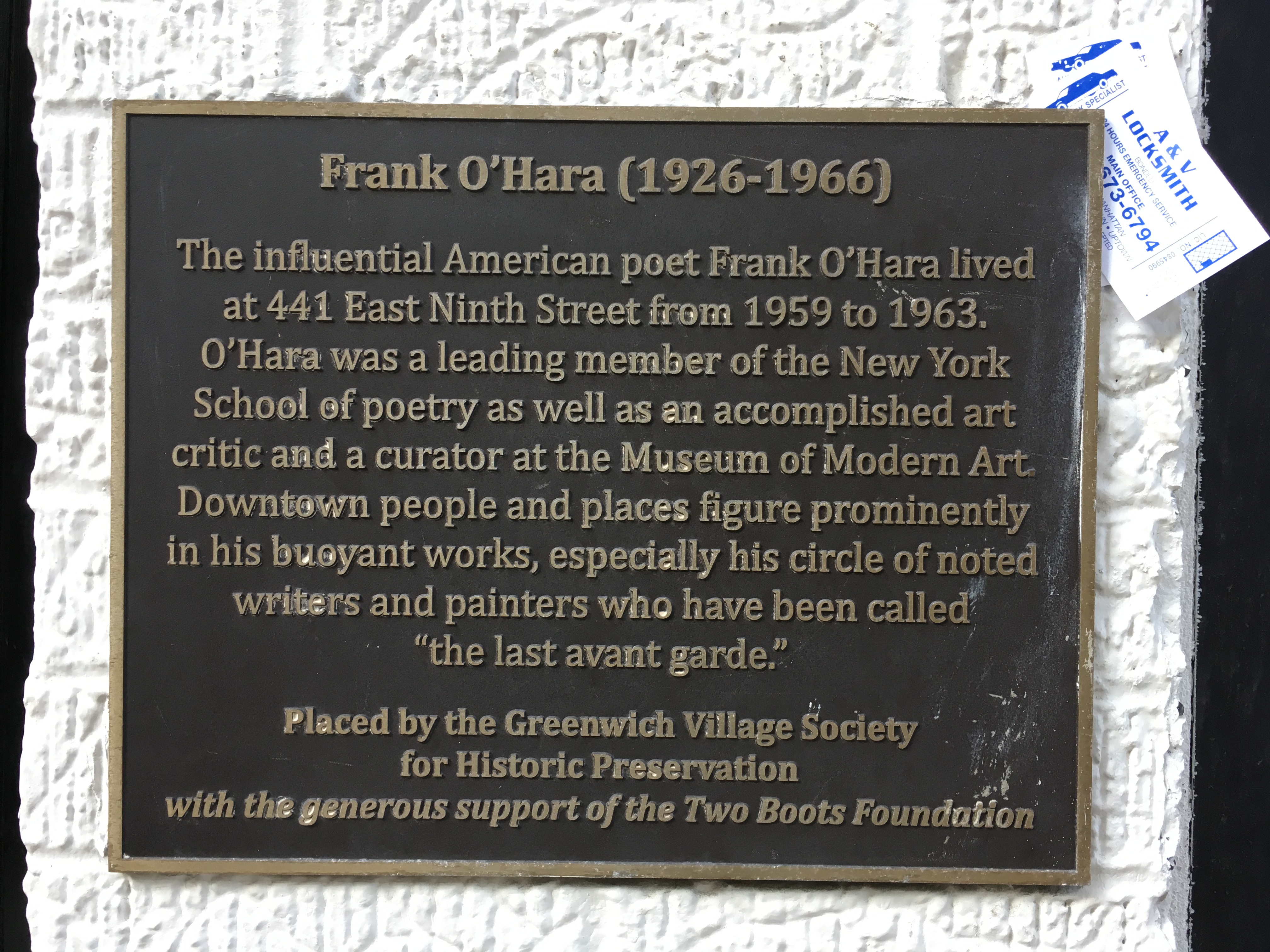 Plaque at Frank O'Hara's old apartment at 441 East 9th Street