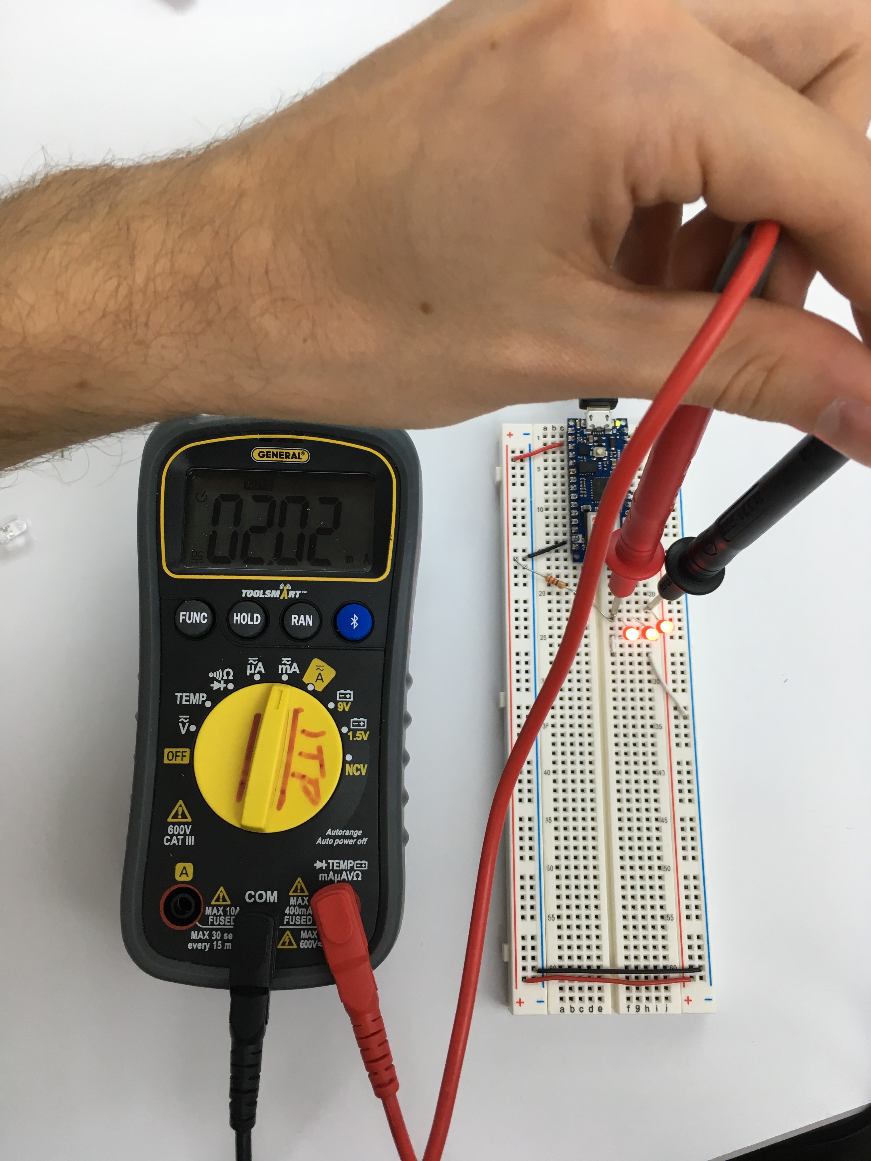 Measuring amperage for one of three LEDs connected in parallel.